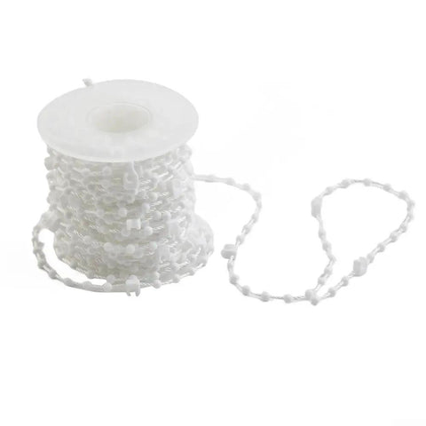 Sturdy White Plastic Beaded Pull Chain 10 Meter Replacement Cord With Bottom Weight Link Clip Connector For Vertical Blinds Shutter Repair Gear, 10m spool.
