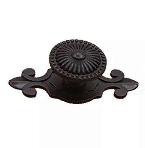 Top Notch Black Antique Mushroom Dresser Knobs With Decorative Zinc Backplates - 12 Pack Slick Vintage Retro Cabinet Pulls For Classic Home Decor Setup close-up view of ornate black cabinet knob with backplate.