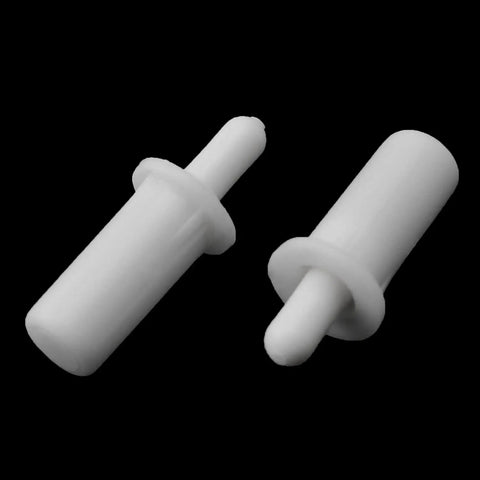 Two white spring loaded shutter louver replacement pins from the Twenty Piece Collection Of Spring Loaded Shutter Louver Replacement Pins Providing A No Sweat Upgrade For Fast Air Vent Repairs Using Heavy Duty Matte White Plastic Components.