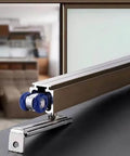Close-up view of Slick Soft Close Barn Door Hardware Kit for Aluminum Sliding Doors, Top Hung Rail Set with 8-wheel pulleys.