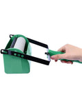 Slick Patterned Paint Roller With Swappable Texture Wheels And Dual Color Coating Wand For Fast Walls And Ceilings Plus Comfort Grip, green handle and rubber roller.