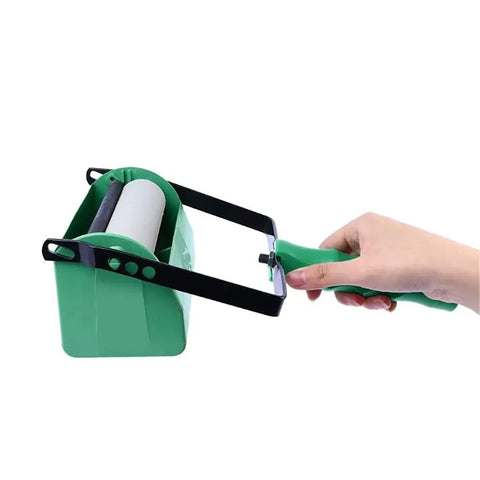 Slick Patterned Paint Roller With Swappable Texture Wheels And Dual Color Coating Wand For Fast Walls And Ceilings Plus Comfort Grip, green handle and rubber roller.