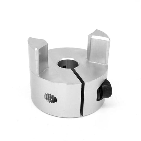 Straight Up Jaw Type Flexible Coupler For Motor Shaft Hookup Rock Solid Aluminum Body with visible rubber pad and adjustment screw.