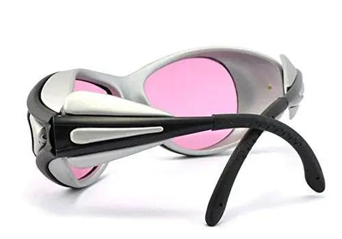 Rock Solid 808nm Infrared Laser Safety Glasses With Tough As Nails Protective Eyewear For Diode Lasers, angled view with pink lenses.