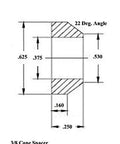 Mechanical diagram of a 3/8 Cone Spacer showing dimensions and angles for precise measurement.