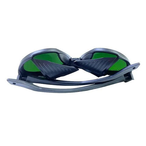 Top Tier IPL Safety Glasses Featuring A Snug Elastic Band For Smooth Laser Hair Removal And Salon Ready Cosmetic Treatments Straight Up High Optical Density Shield Pack Of Five viewed from front, showcasing green lenses and comfortable frame.