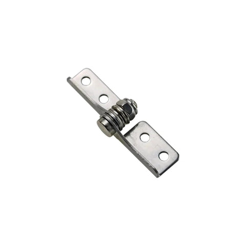 Close-up of damping hinge with adjustable torque pivot and free stop positioning on a metal mounting bracket