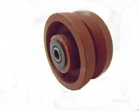 Bulletproof Four Inch Two Inch V Groove Caster Wheel With Seven Eighths Stem Crafted From Rugged Ductile Steel And Rollin Smooth On Heavy Duty Bearings For A Rock Solid One Five Zero Zero Pound Load Rating In Classic Burgundy, close-up view.