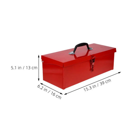 Slick Red Metal Toolbox Chest With Reinforced Carry Handle For Portable Gear Storage And Heavy Duty Tool Organization dimensions 15.3 x 6.2 x 5.1 inches.
