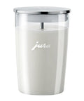 Jura glass milk vessel for Premium Automatic Espresso Machine In Sleek Platinum Finish Packs In One Touch Brewing and frothing milk.