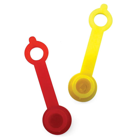 LockNLube grease fitting caps, red and yellow plastic pair for automotive use