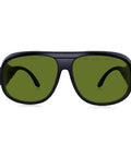 Pro Level Laser Safety Glasses With Slick Low Profile Frames And Hella Secure OD 6 Plus Shielding Over Violet And Infrared Bands For Indoor Or Outdoor Shop Work, front view showing green tinted lenses.