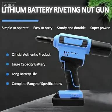 Heavy Duty Cordless Brushless Rivet Gun With 20 V Lithium Battery Pulls Over 1000 Rivets Without An Air Pump Quick One Touch Acton For Roofing And Metal Construction With 6 mm Stroke in blue design.