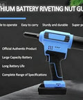 Pro Grade Heavy Hitter Cordless Rivet Gun With 20V Brushless Motor And Auto Recoil For Seamless Fastening Through Metal Wood And Plastic Surfaces Includes Both Battery And Charger, blue design, lithium battery.