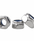 Heavy Duty M14 Self Locking Nylon Insert Hex Nuts Crafted From Rugged 304 Stainless Steel For A Helluva Tight No Slip Grip That Stays Put On Any Rig Or Workshop Setup For Gritty Jobs And Weekend Builds Pack Of Fifteen - close-up of three nuts showing nylon inserts.