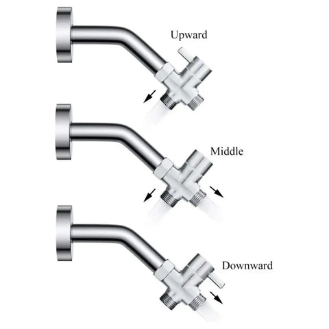 Upgrade Your Bath Game With This Legit 3 Way Shower Diverter Valve Featuring Slick Multi Layer Plating To Resist Scratches While Effortlessly Splitting Water Flow Between Tub And Shower Heads For A Seamless Setup showing upward, middle, and downward water flow options.