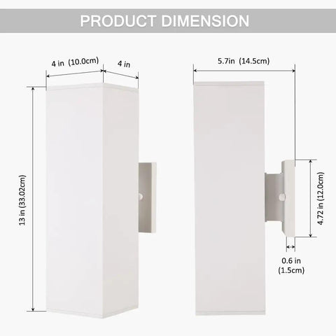 Slick 13 Inch White Square Outdoor Wall Sconce With Uplight And Downlight Tough Aluminum Frame dimensions showing height, width and depth.