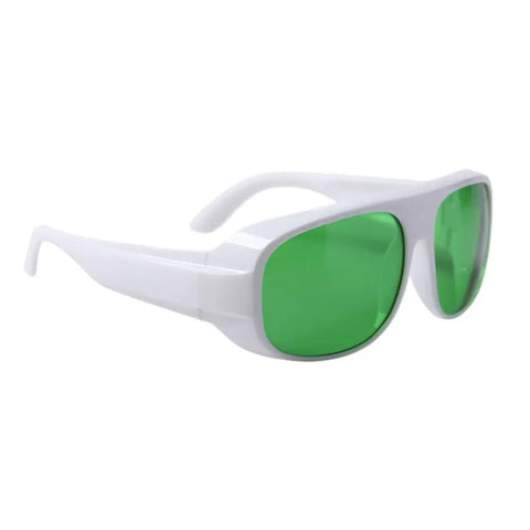 Badass Red Laser Safety Glasses Protecting Against 650Nm 808Nm And 980Nm Diode Lasers With Hella Strong Od2 Plus And Od5 Plus Filters in white frame with green lenses.