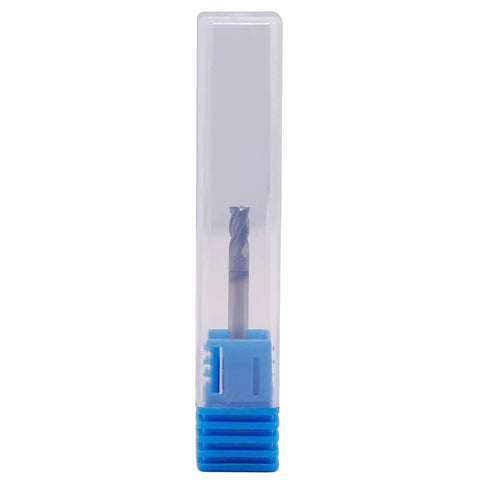BestParts 1/8 in solid carbide square end mill in clear plastic case with blue holder front view