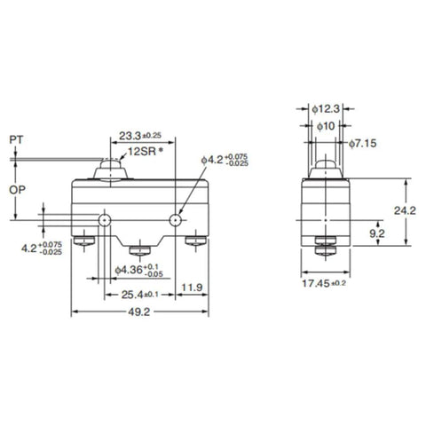 Heavy Duty Industrial Limit Switch Built Like A Tank With Short Spring Plunger And Screw Terminals dimensions drawing with detailed measurements.
