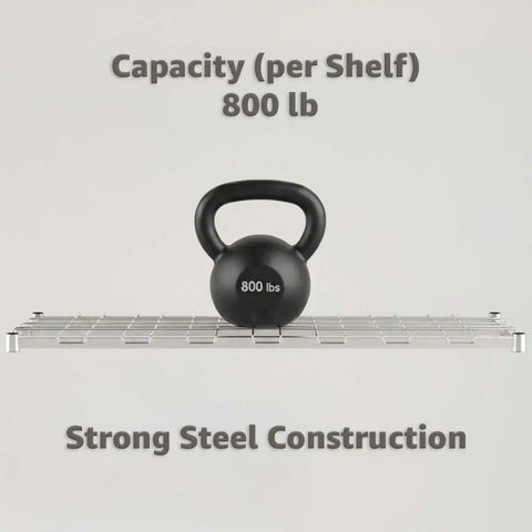 Heavy Duty Industrial Keg Rack With Adjustable Wire Shelves For Commercial Kitchens NSF Certified Steel Beverage Storage Rack Built Tough For The Long Haul Supports 800 Pounds Per Shelf showing a black kettlebell on a wire shelf.