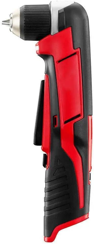 Top Shelf M12 Compatible Right Angle Drill Driver Featuring A Three Eight Inch Chuck And Killer 100 In Lbs Torque For Cramped Workspaces And Precision Projects, side view showing chuck and grip.