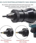 Close-up of Built Tough Cordless Rivet Nut Gun Set For Automatic Pop Rivet Work And Hella Handy M3 Through M12 Installation Kit showing one-click automatic riveting feature.