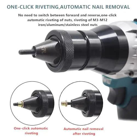 Portable Cordless Rivet Gun With Rechargeable Battery And M3 To M12 Inserts Automatic One Button Pop Riveter showing automatic riveting and nail removal features.