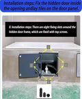 Installation guide for Heavy Duty Concealed Pivot Hinge For Invisible Doors And Tile Walls, showing fixing slots and hardware.