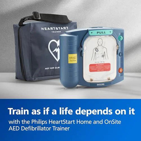 Front view of Philips HeartStart AED trainer in blue with zippered carry case.
