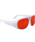 High Grade Professional Laser Safety Glasses Built Like A Tank With Od7 Optical Density Blocking 180 To 534Nm Spectra in white frame with red lenses.