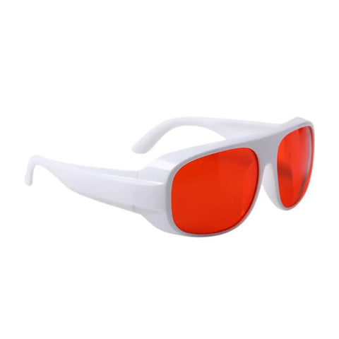 High Grade Professional Laser Safety Glasses Built Like A Tank With Od7 Optical Density Blocking 180 To 534Nm Spectra in white frame with red lenses.