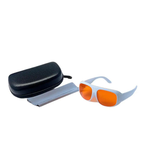 Heavy Duty Laser Safety Eyewear Featuring Badass OD5 Plus Defense Against UV And Green Lasers Covering 180 To 540 Nm Range, with protective case.