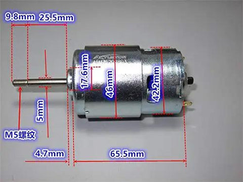 Kickin High Torque R775 Brushed DC Motor With Long Solid Axle And Heavy Duty Ball Bearings For Grass Trimmers and DIY Gear Mods dimensions labeled.