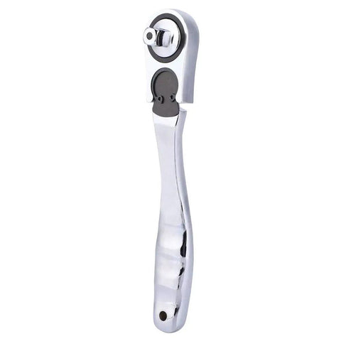 Premium Chrome Multitool Ratchet Wrench With Socket Adapter Set showcasing a shiny chrome finish and ergonomic grip design.