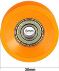 Hella Smooth V Groove Pulley Wheels With Precision Ball Bearing Rollers For Zero Headache Project Builds And Sleek Glide Action Orange Six Thirty Thirteen Millimeter Four Pack, orange pulley showing bearing and 30mm diameter.