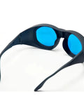 Kickbutt CE Certified IR Laser Safety Goggles With No Cap OD6 Plus Protection, side view with blue lenses for lab use.