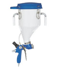Solid Black Pressure Boosted Hopper Gun Paint Sprayer features a blue and white pressurized hopper for efficient paint delivery.