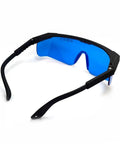 Heavy Duty Laser Safety Goggles For He Ne 632nm Red Beams Offering Hella Eye Shielding And Rock Solid Blue Tinted Lens With OD Plus 4 Dark Density Rating For Professional Lab Work in black with blue lens.