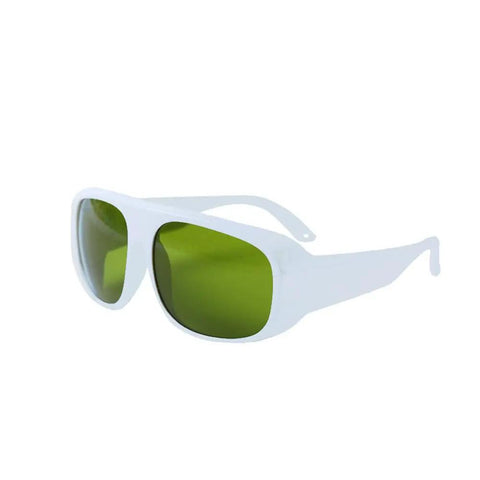 Top Shelf Infrared Laser Safety Glasses Built Different For Total Nd Yag Defense Across 720 To 1100Nm Ranges With Crisp Clear Optics And Rock Solid Od7 Plus Lens Shield in white frame with green lenses.