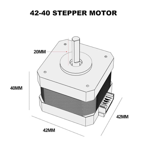 Diagram of ALadrs FDM 3D Printer Stepper Motor 42-40, showing dimensions of 42x42x40mm with 20mm shaft; no cables or screws included.