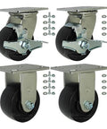 BBQ Pit 4" Polyolefin Casters Kit with Mounting Hardware, 2,000 Lbs. Total Capacity, showing two swivel with brakes and two rigid casters