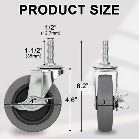 Heavy Duty 4 Inch Thermoplastic Rubber Caster Wheels Set Of 4 With 1/2-Inch-13 X 1-1/2 Inch Threaded Stem, Locking Brakes