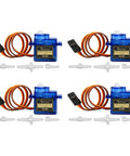 4Pcs SG90 9g Micro Servos for RC Robot Helicopter Airplane Controls Car Boat, showing four blue servos with wires and attachments.
