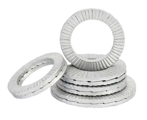 Five Eighth Inch Belleville Self Locking Washers For Automotive Equipment, stack of corrosion-resistant washers, front view.