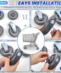 4 Pack 5 Inch Shopping Cart Wheels With Axles Bolts Blue Polyurethane Caster Set Replacement For Cart Heavy Duty 250 Lb Per Wheel 1000 Lb Total Capacity Universal Fit For Most Carts Durable shown in installation process