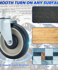5 Inch Shopping Cart Wheels Replacement Kit Four Pack With Two Stemless And Two Stem Threaded Casters And Hardware In Blue showcased on various floor types, including cement, wood, and tile, highlighting smooth maneuverability.