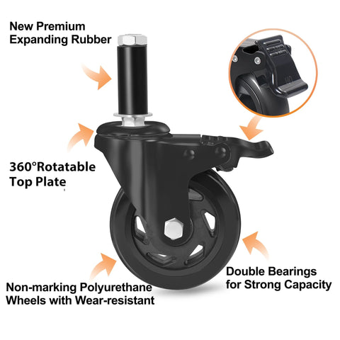 5 Inch Heavy Duty Expanding Stem Casters For Stainless Steel Prep Tables And Carts Fits Tube Legs 7/8 To 1-5/8 Inch