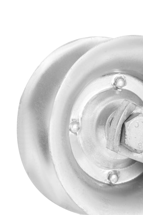Close-up view of a 5 Inch Gate Roller for 1 5 Eighth Inch Pipe Track, galvanized steel wheel, heavy duty pressed steel construction.