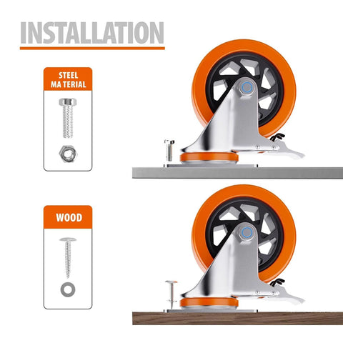 Installation of 5 Inch Swivel Caster Wheels Set Of 4 With Brakes For Cart Furniture Or Workbench Heavy Duty Polyurethane Locking